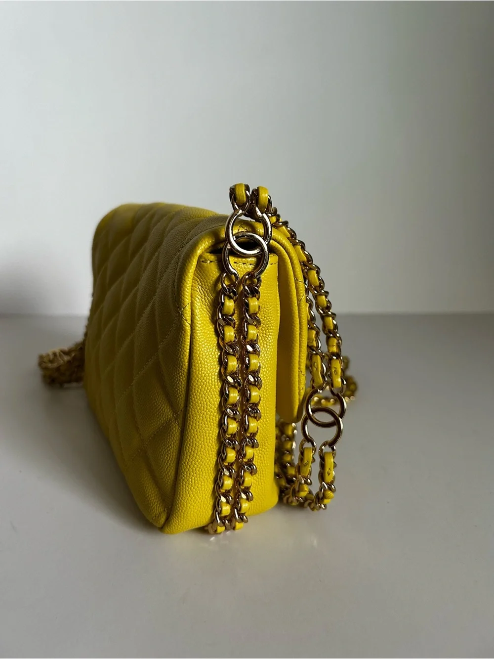 CHANEL Yellow Quilted Leather Crossbody with Gold Chain